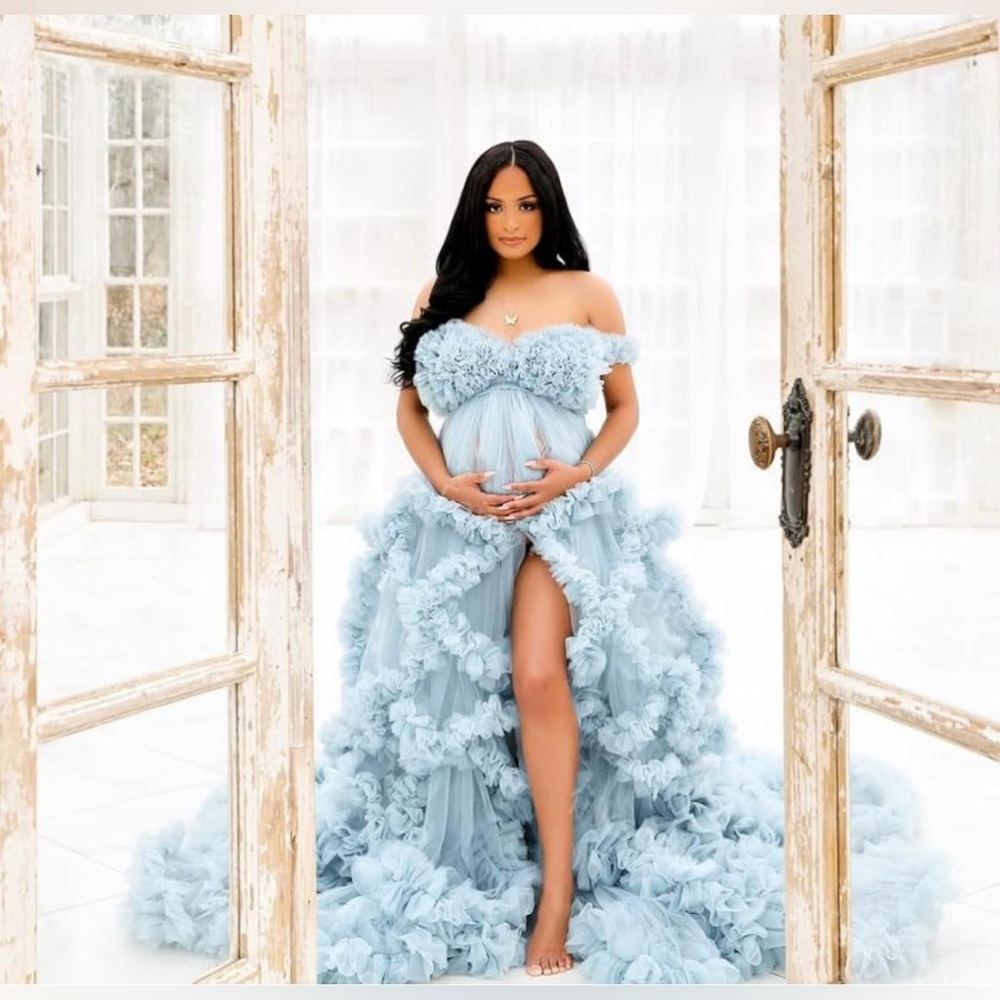 Puffy Tulle Robe Ruffles V Neck Illusion Bridal Lingerie Baby Shower Dress